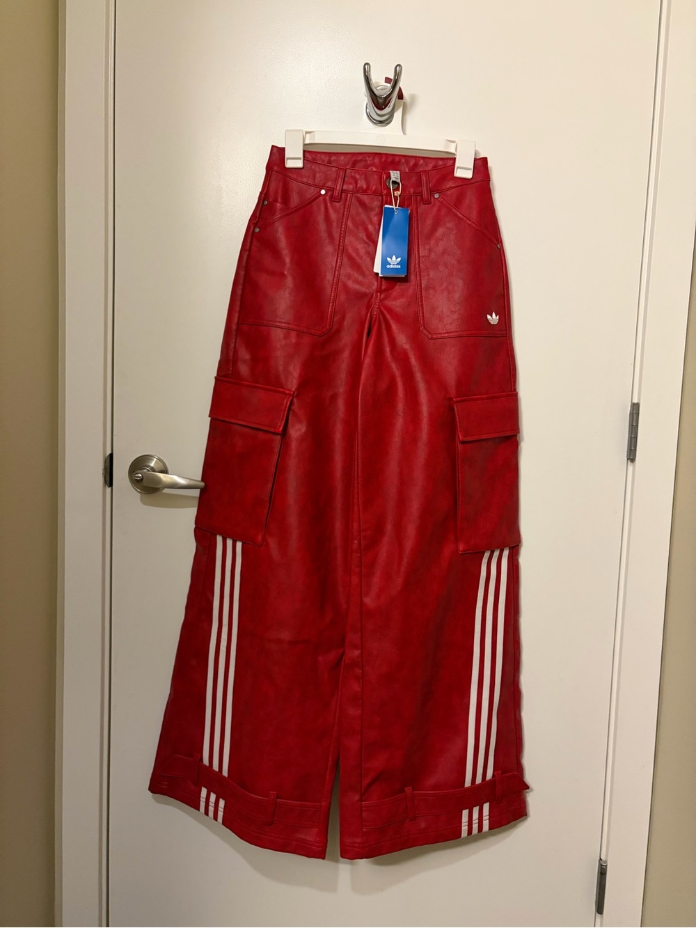 Adidas Red Wide-Leg Cargo Pants with White Stripes - Picture 6 of 7